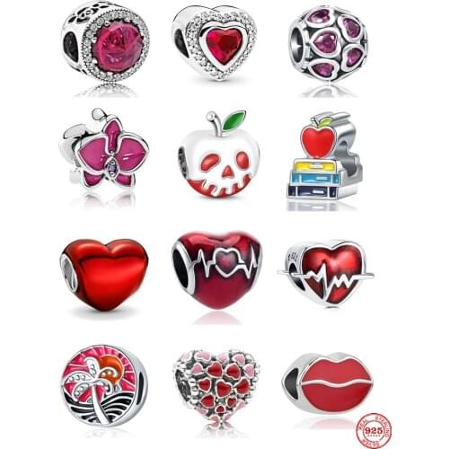 European New 2021 Rose Red Heart Pave Flower Bead Fit Original Pandora Charms Silver 925 Bracelet DIY Jewelry Accessories C101