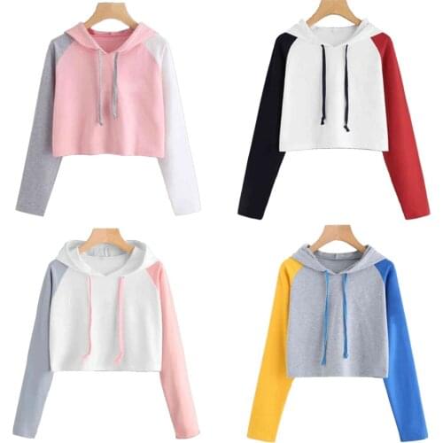 New autumn hooded long-sleeved color matching casual wild womens clothing Short Crop Top Full Hoodie Sweatshirt Sports Wear