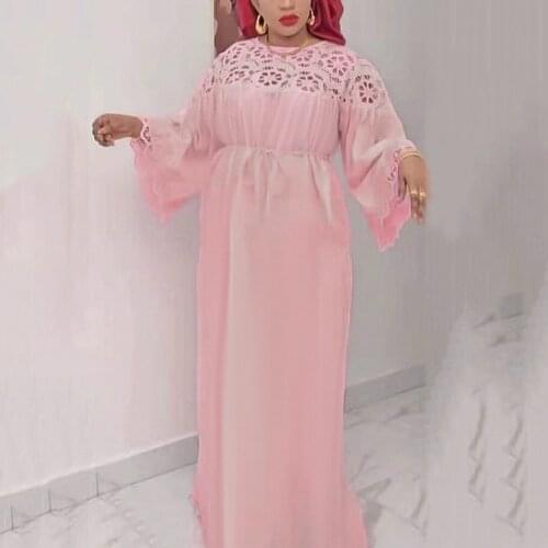 Chiffon Dresses for Women 2021 Autumn Fall Full Sleeve Lace Patchwork Loose Floor Length Fashion Evening Night Party Vestidos