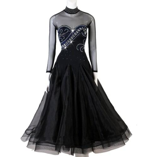 Modern Dance Costume Shiny Diamond Black Long Sleeve See Through Sexy Waltz Dresses Ballroom Dance Competition Clothing Women Elegant Standard Dance Customizable Wear DQL2451