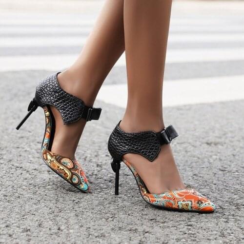 US4-12 Womens Pointed Toe Printed Mixed Colors Stilettos High Heel Bowknot Ankle Pumps Shoes Sexy 2Colors Plus Size