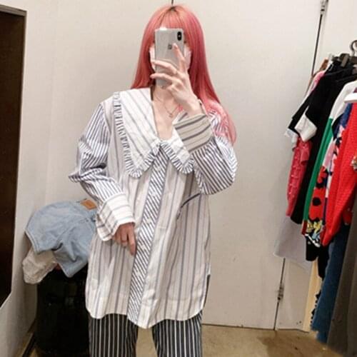 Women Blouse Shirt Spring Autumn Long Sleeve Peter Pan Collar Striped V-Neck Loose Streetwear Chic Stunning Sweet Casual GA