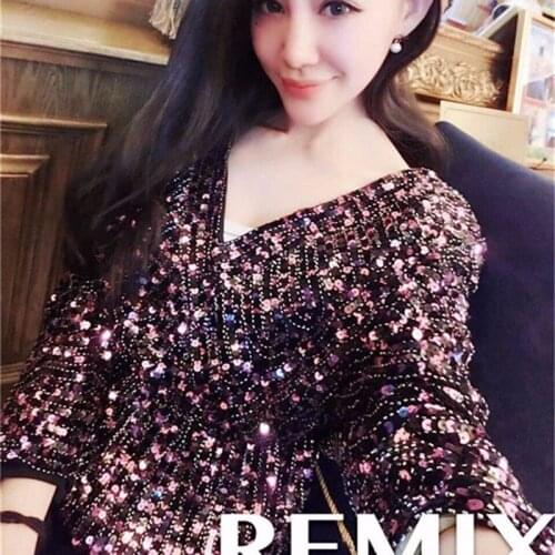 6 Colors Autumn Women Fashion Casual Straight Bead Sequined Cutout V-neck Bat Sleeve Black Beige T-shirt 98100