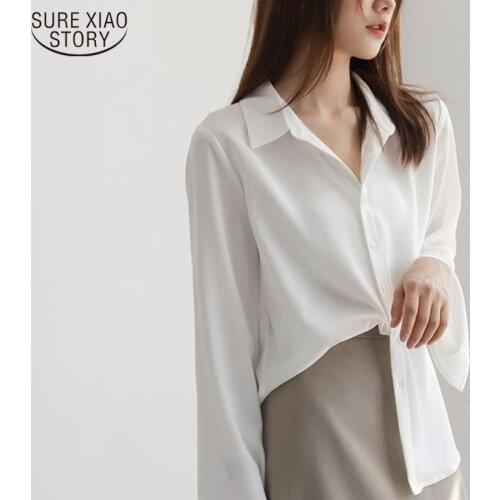 2021 Spring Chiffon Long Sleeve Women Shirt Autumn Loose Tops Flare Sleeve Solid White Shirt Women Fashion Blusas Mujer 12608