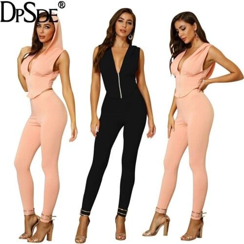 DPSDE women 2020 new casual girl style sets sleeveless hooded collar zipper top elastic long pants pure color two piece sets
