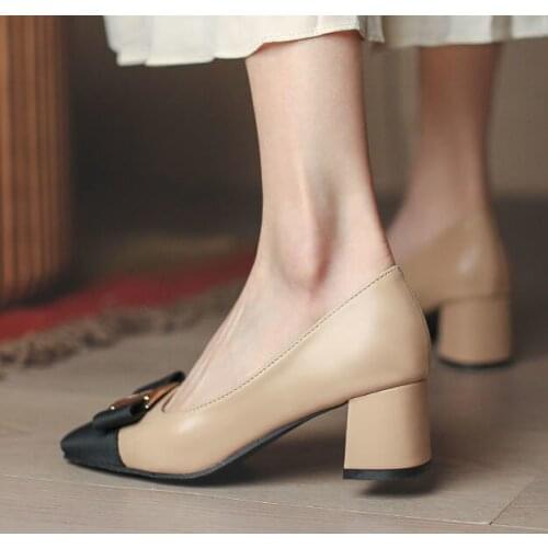 2021 new womens shoes thick heel square toe high heels bow knot color matching casual shoes