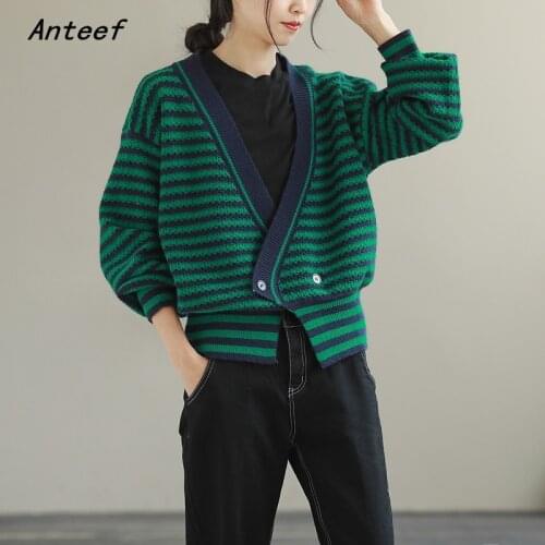 Anteef korean fashion vintage knitted long sleeve top causal loose oversized autumn cardigan sweater women sweaters coat 2021