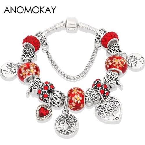 New 5 Color Tree of Life DIY Charm Bracelet for Women Girl Fashion Gift Red Cherry Blossoms Heart Crystal Handwork Bead Bracelet