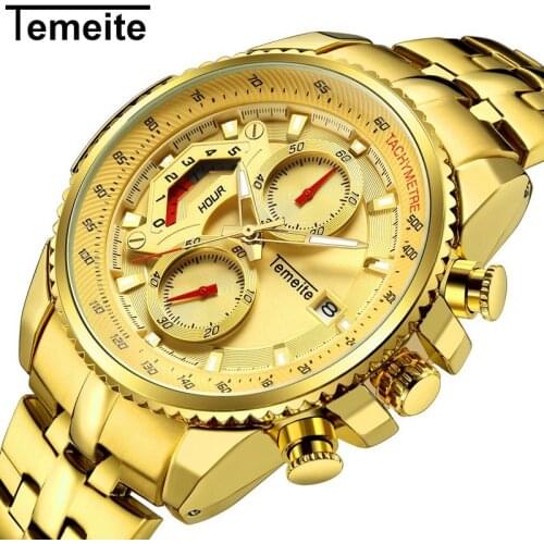 TEMEITE Men Watch Brand Quartz Chronograph Multifunctional Military Sport Calendar Waterproof Steel Strap Three Time Zones Gifts