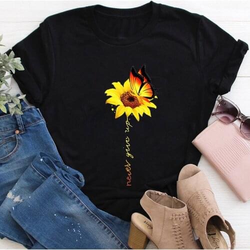 Never Give Up Sunflower And Butterfly 100%Cotton Women Tshirt Trendy Women Summer Casual Short Sleeve Top Inspiration Shirt
