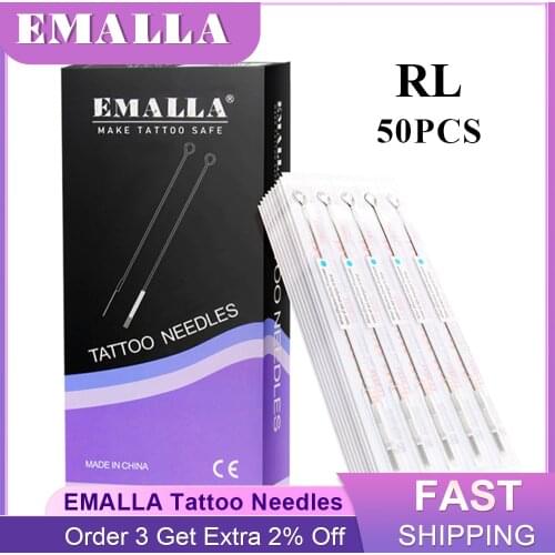 EMALLA 50PCS Disposable Tattoo Needles 0.3mm 3/5/7/9/11/14RL Tattoo Needles Assorted Sterile Needles Tattoo Machine Supplies