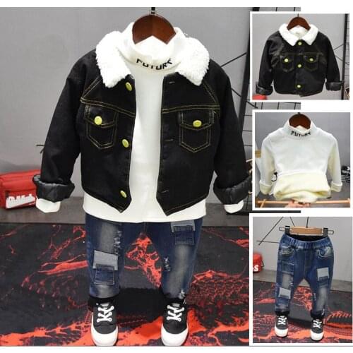 Boy Clothes Set Children Clothing Sets Kids Clothes winter Boys Thicken coat,plush Sweater, plush jeans 3PCS Tracksuit set 2-6y