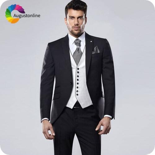 Custom Made Italian Black Men Suits for Wedding Peaked Lapel White Vest Slim Fit Groom Tuxedos Costume 3Piece Best Man Blazers