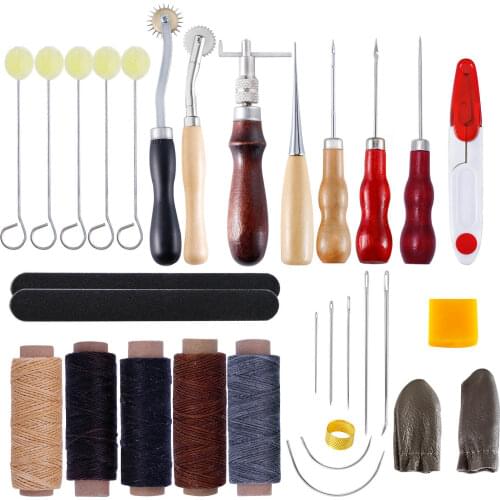 30pcs Leather Craft Stitching Tools Set with Hand Sewing Needles Awl Thimble Waxed Thread for DIY Leathercraft Sewing