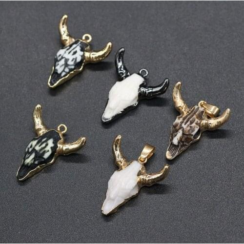 Natural Stone Semi-precious Stone Acrylic Ox Bull Head Charms Pendant 1pcs For DIY Necklace Jewelry Finding Accessories