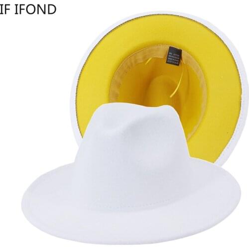 New White Yellow Patchwork Wool Felt Jazz Fedora Hats Men Women Wide Brim Panama Party Trilby Cap Wedding Hat