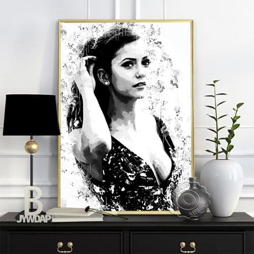 Nina Dobrev Black White Watercolor Poster, Elegant Goddess Sketch Art Prints, Minimalism Actress Portrait Painting Home Decor