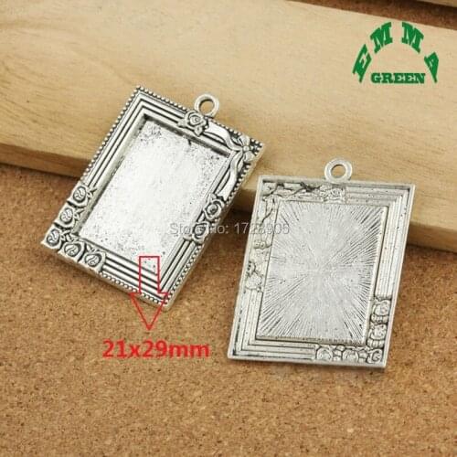 Bezel Cabochons Pendant Setting Blank Bases Findings 10 Pcs Antique Silver Plated Photo Frame Rectangle Fit 21*29 mm