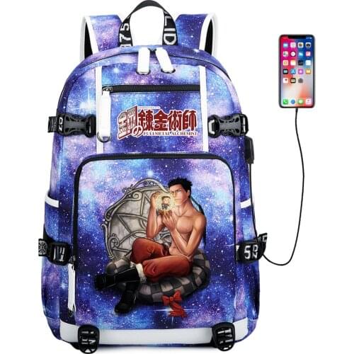 Backpack Anime Fullmetal Alchemist USB Canvas Charging Zip Casual School Bag Shoulder Bag Mochila Laptop Bag Travel Bag Rucksack