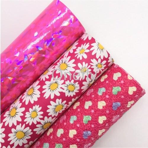 Onefly 21X29CM Hearts Flowers Printed Faux Leather Fabric for Bows, IridescentFabric Sheets For Bow DIY handbags shoes AQ085