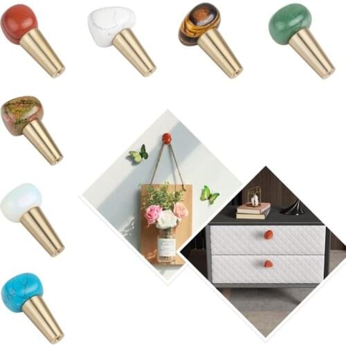 TUMBEELLUWA Natural Polished Stone Pulls Handles Brass Base Reiki Crystal Cabinet Drawer Knobs Hanging Ornament Furniture Decor