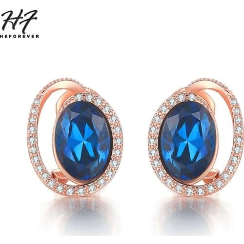 Ellipse Blue Crystal Ear Clip Earrings For Women Rose Gold Color AAA+CZ Luxury Accession For Party Fashion Jewelry E343