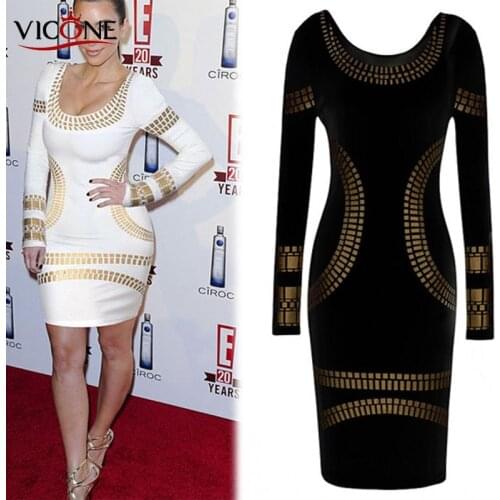 VICONE Womens Autumn Winter Chic Long Sleeve Vintage Party Pencil Bodycon Dress