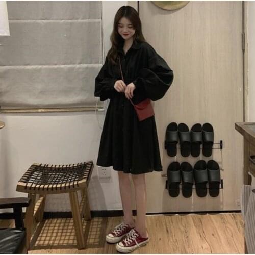 Vintage Fashion Women Long Sleeve Turn-down Collar Single Breasted Slim Elastic Waist Solid Black Shirt Dress Casual Chic Dress