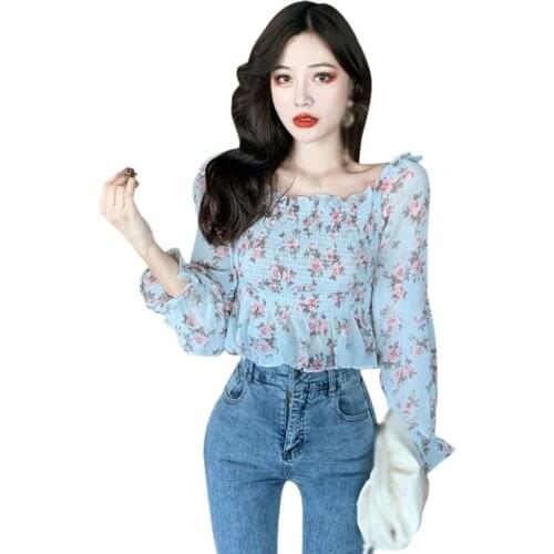 Womens Floral Print Slash Neck Blouses Fall New Arrival Sexy Sweet Long Sleeves Chiffon Shirts Tops