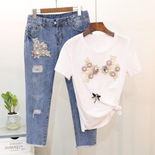 Amolapha Women Pearls Floral T Shirts Denim Pants Suits Casual Loose Solid Tshirt Calf-Length Trousers Sets for Woman