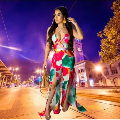 Plus size slit long backless strappy tie dye bodysuit women jumpsuits long pants summer sexy beach print wide leg jumpsuit