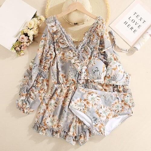 2021 Women Printed Floral Three-Piece Bikini Set Push Up Bathing Suit Padded Swimwear Summer Sexy Underwire Swimsuit Biquinis