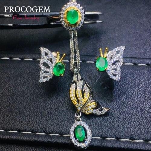 Procogem 2020 New Natural and Genuine Emerald Fine Jewelry 4pcs sets for women Necklace Ring Earrings 925 Sterling silver #770