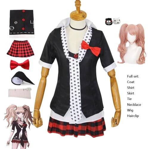 Anime Danganronpa Cosplay Costume Women Girl Enoshima Junko Game Black Uniform Cafe Work Clothes Short Skirt Wig Set