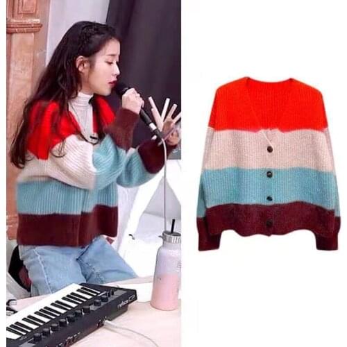 Kpop IU Lee Ji Eun Women Loose V-neck Knitted Cardigan Sweater Korean Single-Breasted Outerwear Ladies Christmas Sweet Sweaters