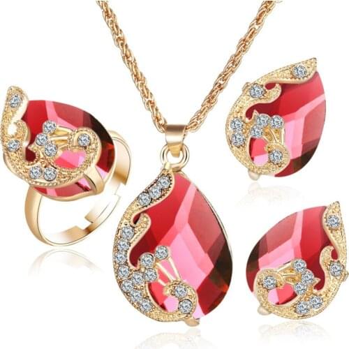 Women Jewelry Set Shiny Water-Drop Shape Rhinestone Necklace Earrings Ring Gift