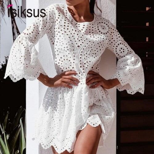 Isiksus Women Lace Embroidery Sexy Dress Ruffle Sleeve Causal White Cotton Mini Dresses Hollow Out Short Dress Vestidos DR201