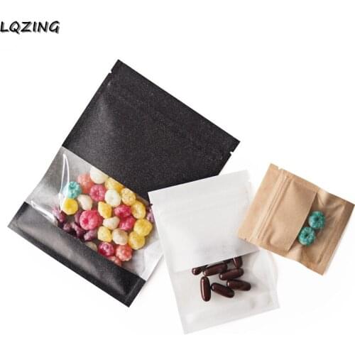100Pcs Small Gift Bag Sweet Zip Packaging Candy Bags Transparent Window Christmas Wedding Gift Package Pouches White/Black/Brown
