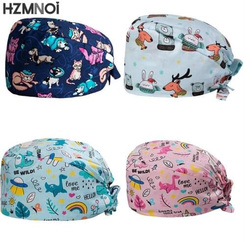 2021 Cartoon Print Cute Breathable Female Nurse Cap Surgeon Surgery Cap Dental Surgery Cap Beauty Salon Chef Scrubbing Cap