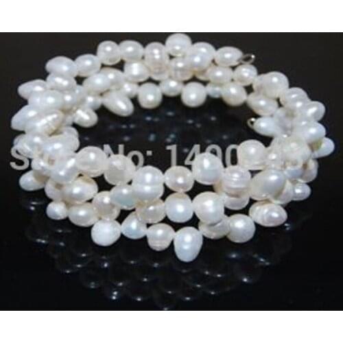 7.5 inches 5-6mm White Handmade Women Natural Rice Memory Wire Wrap Pearl Bracelet