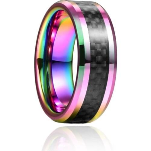 8mm Colorful Inlaid Black Carbon Fiber Tungsten Carbon Ring High Polish Rainbow Rings For Men