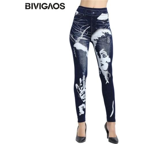BIVIGAOS New Womens Faux Denim Jeans Leggings Cotton Beauty Printed Jeggings High Waist Legging Pants Sexy Women Push Up Jegging