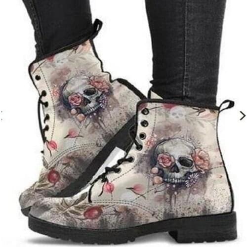 Martin Boots Womens Autumn and Winter New2021British Fashion Womens Tooling Boots Skull and Flower Print High-top Boots Ladies