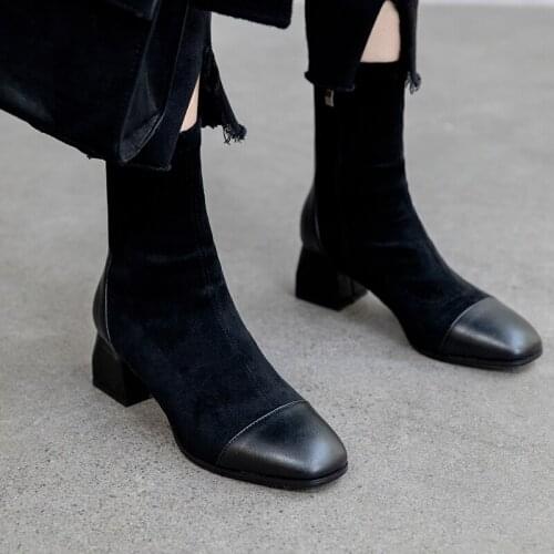 New Women Shoes High Heels Slip ankle boots winter Stretch socks boots elegant Square high heels shoes female Plus size 32- 43