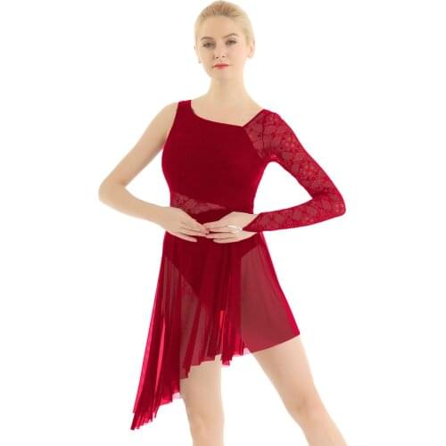 Women Ballet Dress Single Shoulder Long Sleeve Ballet Leotards Lace Bodice Asymmetric Dress Female Lyrical Gymnastics Costume
