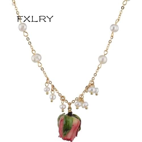 FXLRY Elegant Original Handmade Natural Pearl Preserved Rose Flower Pendant Necklace For Women Jewelry
