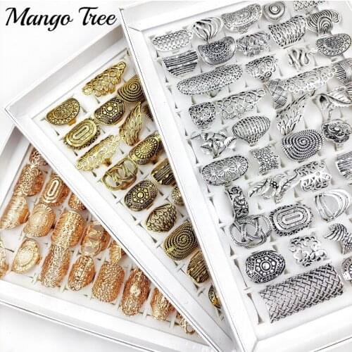 30pcs/Lots Vintage Hollow Ring Multicolor Carved Flower Rings Silvery Golden Mix Style For Women Man Fashion Party Jewelry Gifts