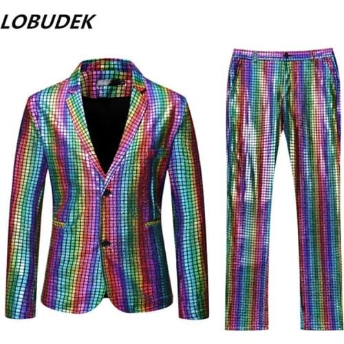Bar Nightclub Male Singer Magician Stage Sequin Suits Rainbow Gold Silver Laser Plaid Stripes Blazers Pants 2-Pieces Set Costume