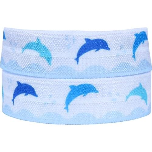 Summer holiday style dolphin and wave printed foe fold over elastic ribbon for hair accessories