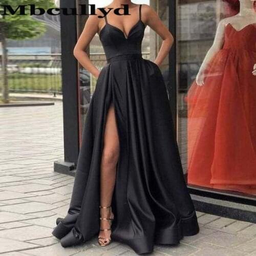 Mbcully Prom Dresses 2020 Spaghetti Straps Black Special Occasion Dress Formal Evening Gala Gowns With Pocket And Slit Under 100